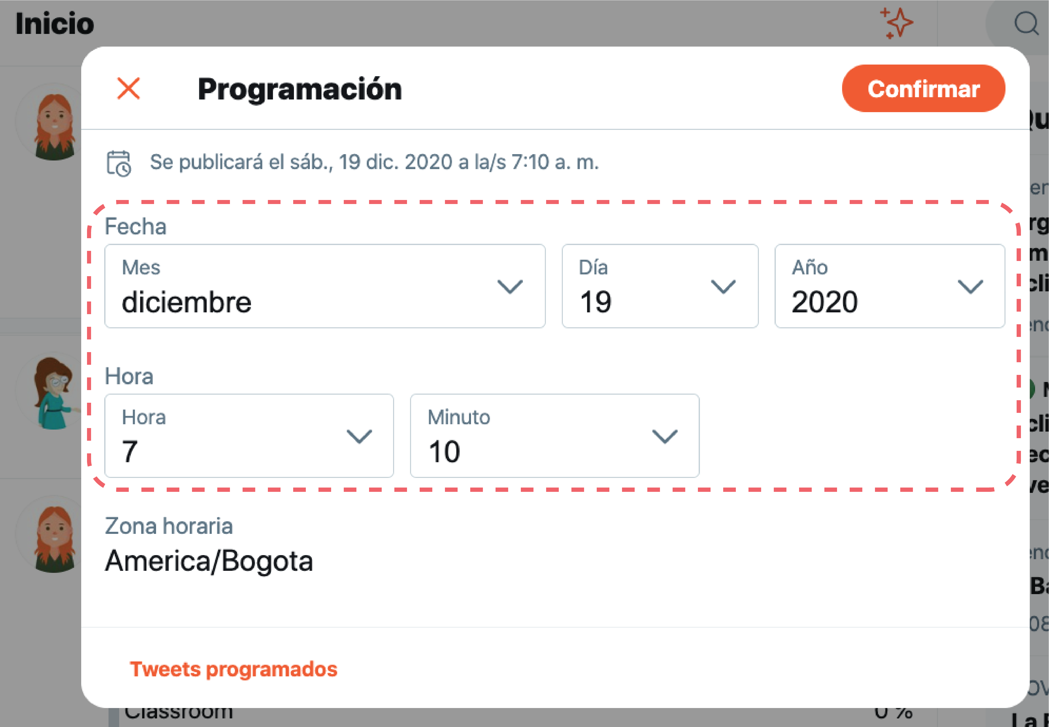 Allí podrás definir la fecha y la hora en la que tuit será publicado. Para hacerlo, selecciona el mes, día y el año. Además de programar la hora exacta de tu tuit.